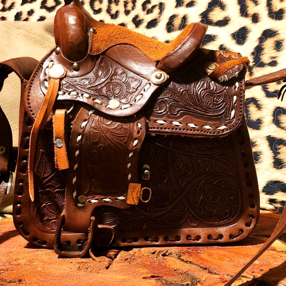Vintage Hand Tooled Leather and Sheepskin Shoulder Bag With Saddle and Stirrups.